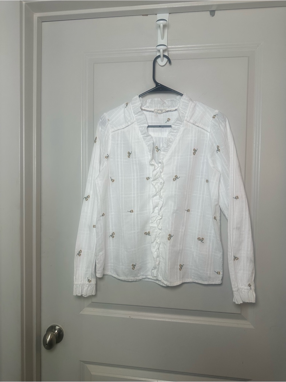 Fat Face Cotton Button Up Ruffle Embroidered Sunflower Lightweight Top, 4 - Picture 8 of 8